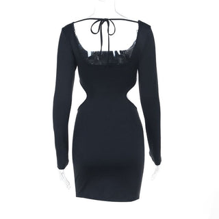 Long sleeve hollow out square neck self tie cut out mini dress