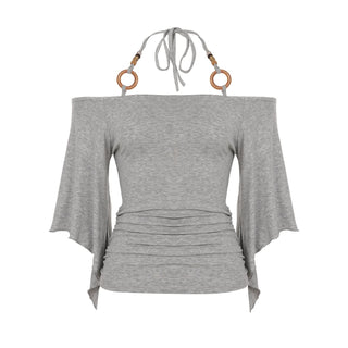 Off shoulder halter o ring ruched self tie top