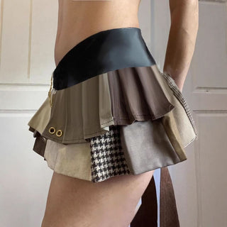 Pleated patchwork irregular mini skirt