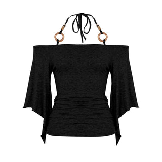 Off shoulder halter o ring ruched self tie top
