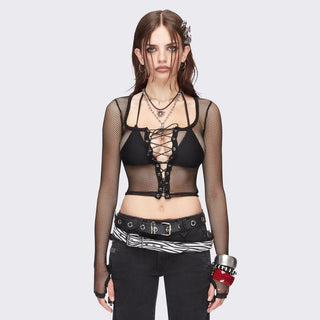 Long sleeve fishnet lace up top