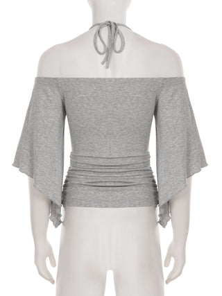 Off shoulder halter o ring ruched self tie top