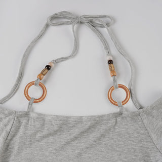 Off shoulder halter o ring ruched self tie top