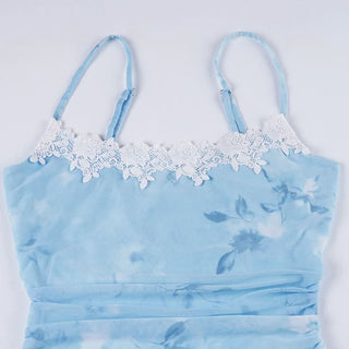 Mesh lace hem flower print cami mini dress