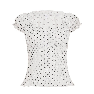 Polka dot cap sleeve button ruffle top