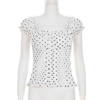 Polka dot cap sleeve button ruffle top