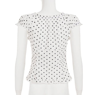 Polka dot cap sleeve button ruffle top