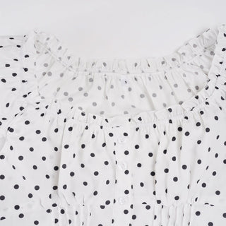Polka dot cap sleeve button ruffle top