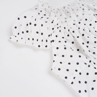 Polka dot cap sleeve button ruffle top