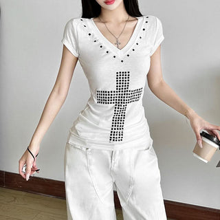 Short sleeve v neck cross pattern top