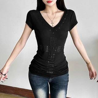 Short sleeve v neck cross pattern top