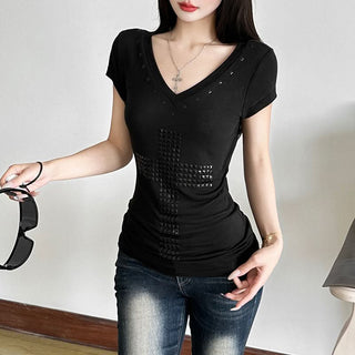 Short sleeve v neck cross pattern top