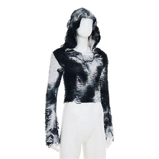 Tie dye hoodie long sleeve hollow out cut out top