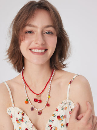 2PCS FRUIT PENDANT FAUX PEARL & BEADED NECKLACE