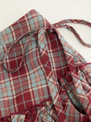 Mid Rise Tartan Lettuce Trim Knotted Midi Skirt
