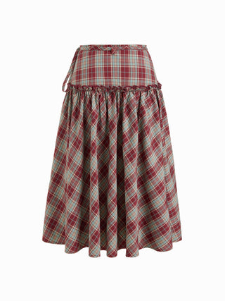 Mid Rise Tartan Lettuce Trim Knotted Midi Skirt