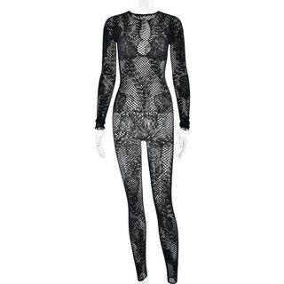 Long sleeve hollow out crewneck fishnet jumpsuit