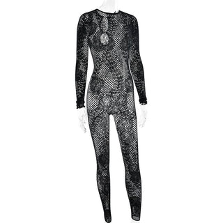 Long sleeve hollow out crewneck fishnet jumpsuit