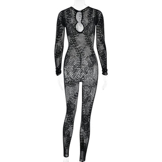 Long sleeve hollow out crewneck fishnet jumpsuit
