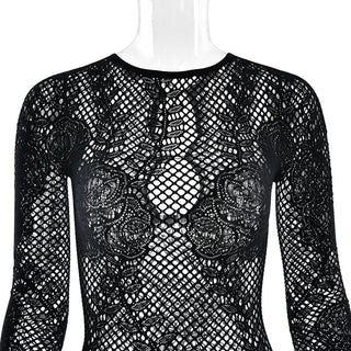 Long sleeve hollow out crewneck fishnet jumpsuit