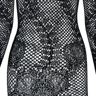 Long sleeve hollow out crewneck fishnet jumpsuit