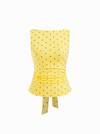 Cotton-blend Boat Neck Knotted Polka Dot Ruched Tank Top