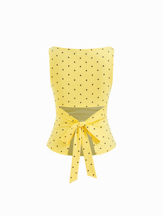 Cotton-blend Boat Neck Knotted Polka Dot Ruched Tank Top