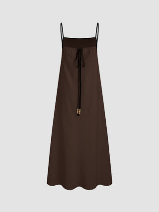 Linen-blend Linen-blend Square Neck Knotted Beaded Cami Maxi Dress For Daily Casual