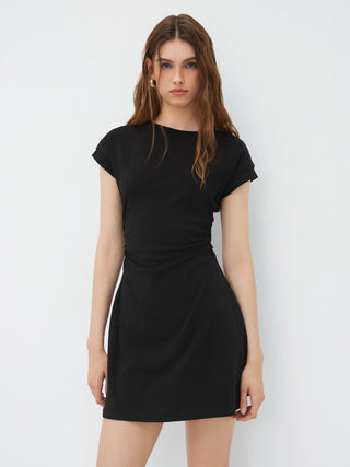 Cotton-blend Round Neckline Ruched Mini Dress