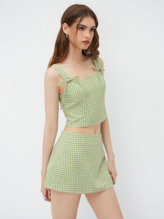 Valentine Woven U-neckline Gingham Bowknot Crop Tank Top & Low Rise Mini Skirt Set For Date
