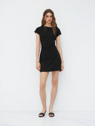 Cotton-blend Round Neckline Ruched Mini Dress