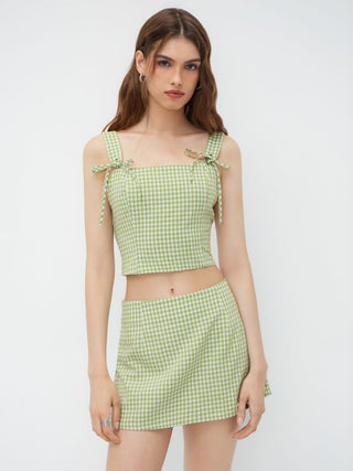 Valentine Woven U-neckline Gingham Bowknot Crop Tank Top & Low Rise Mini Skirt Set For Date