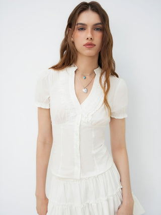Cotton-blend V-neck Lettuce Trim Short Sleeve Blouse