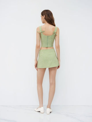 Valentine Woven U-neckline Gingham Bowknot Crop Tank Top & Low Rise Mini Skirt Set For Date