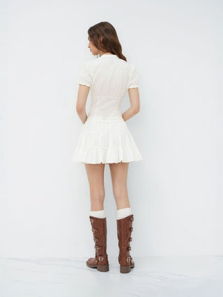 Cotton-blend V-neck Lettuce Trim Short Sleeve Blouse