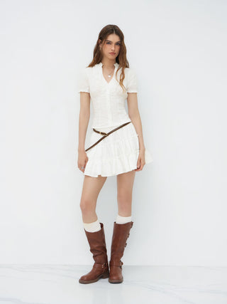 Cotton-blend V-neck Lettuce Trim Short Sleeve Blouse