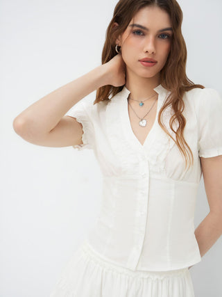 Cotton-blend V-neck Lettuce Trim Short Sleeve Blouse