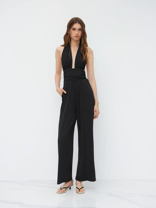 V-neck Ruched Wide Leg Jumpsuit
