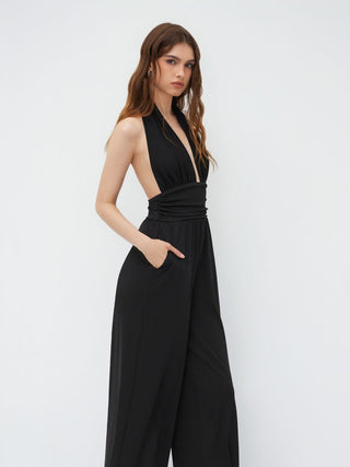 V-neck Ruched Wide Leg Jumpsuit