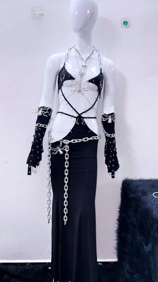 Halter metal chain spider applique hollow out dress