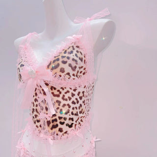 Lace hem leopard print bowknot skirt set