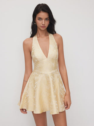 Jacquard Sculptural Halter V-neck Lace Up Backless Ruffle Mini Dress
