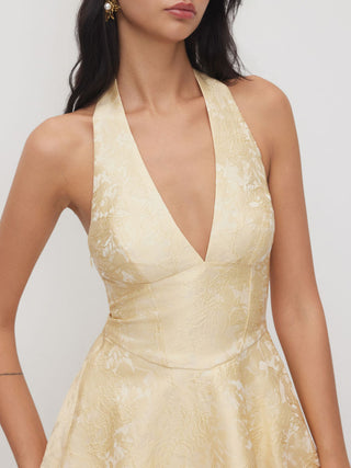 Jacquard Sculptural Halter V-neck Lace Up Backless Ruffle Mini Dress