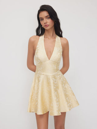 Jacquard Sculptural Halter V-neck Lace Up Backless Ruffle Mini Dress