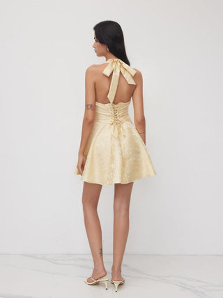 Jacquard Sculptural Halter V-neck Lace Up Backless Ruffle Mini Dress