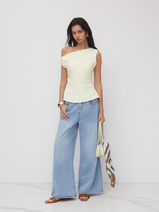 Woven Asymmetrical Neck Twist Ruched Tank Top For Daily Casual