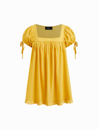 Square Neck Solid Ruffle Knotted Short Sleeve Blouse