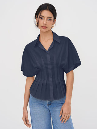 Linen-blend Linen-blend Collar V-neck Pleated Short Sleeve Shirt For Work