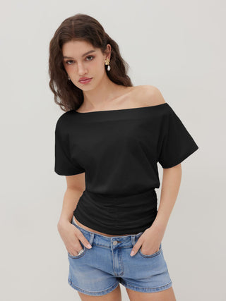 Cotton-blend Asymmetrical Neck Ruched Tee