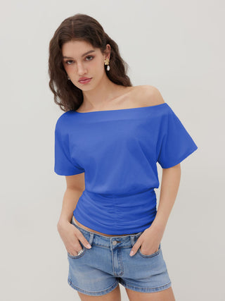 Cotton-blend Asymmetrical Neck Ruched Tee